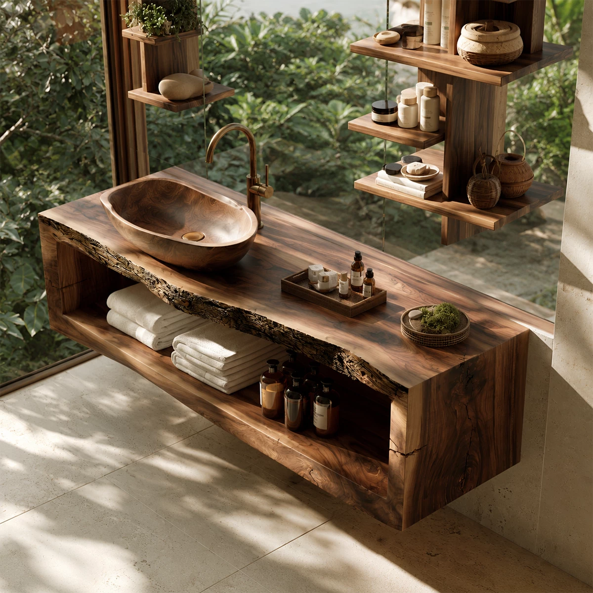 Natural Solid Wood Floating Bathroom Vanity with Full Width Open Shelf