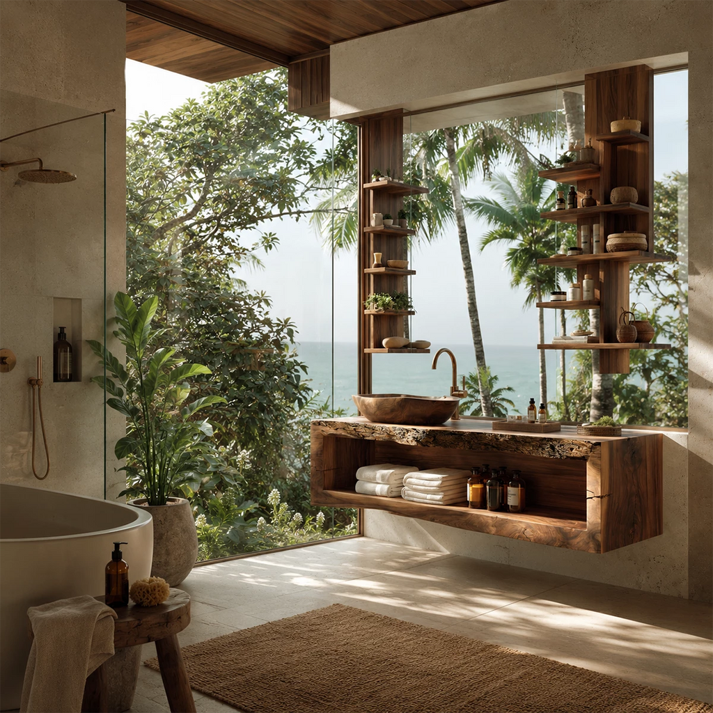 Natural Solid Wood Floating Bathroom Vanity with Full Width Open Shelf