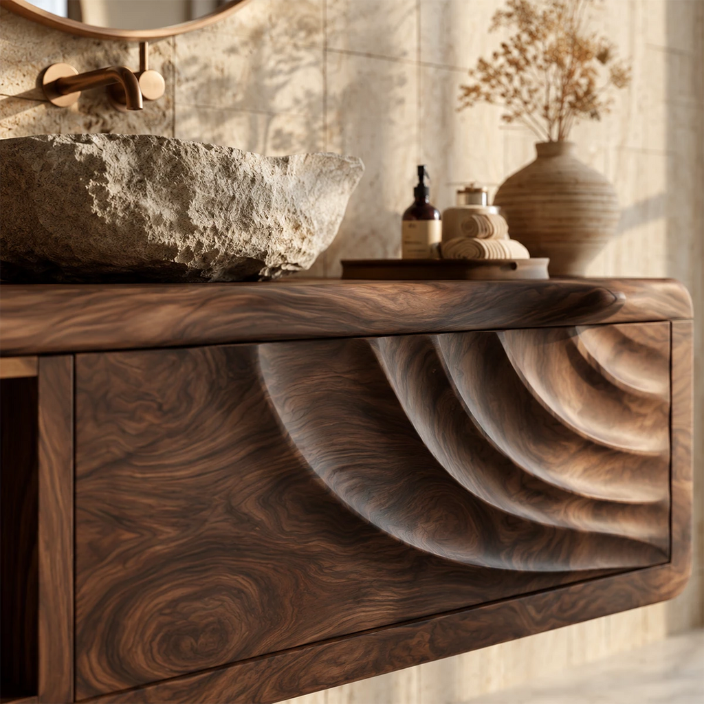 Natural Solid Wood Floating Bathroom Vanity with Shell Carved Storage