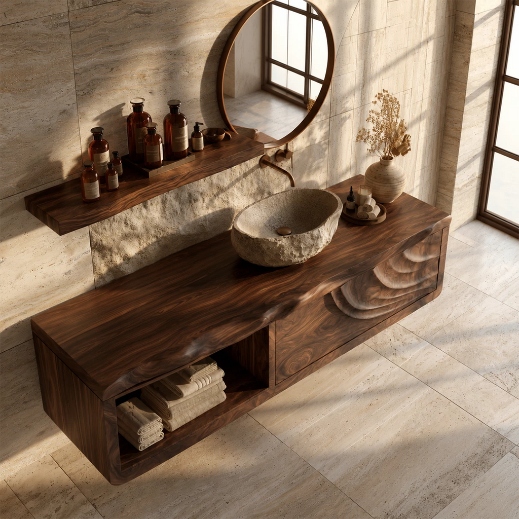 Natural Solid Wood Floating Bathroom Vanity with Shell Carved Storage