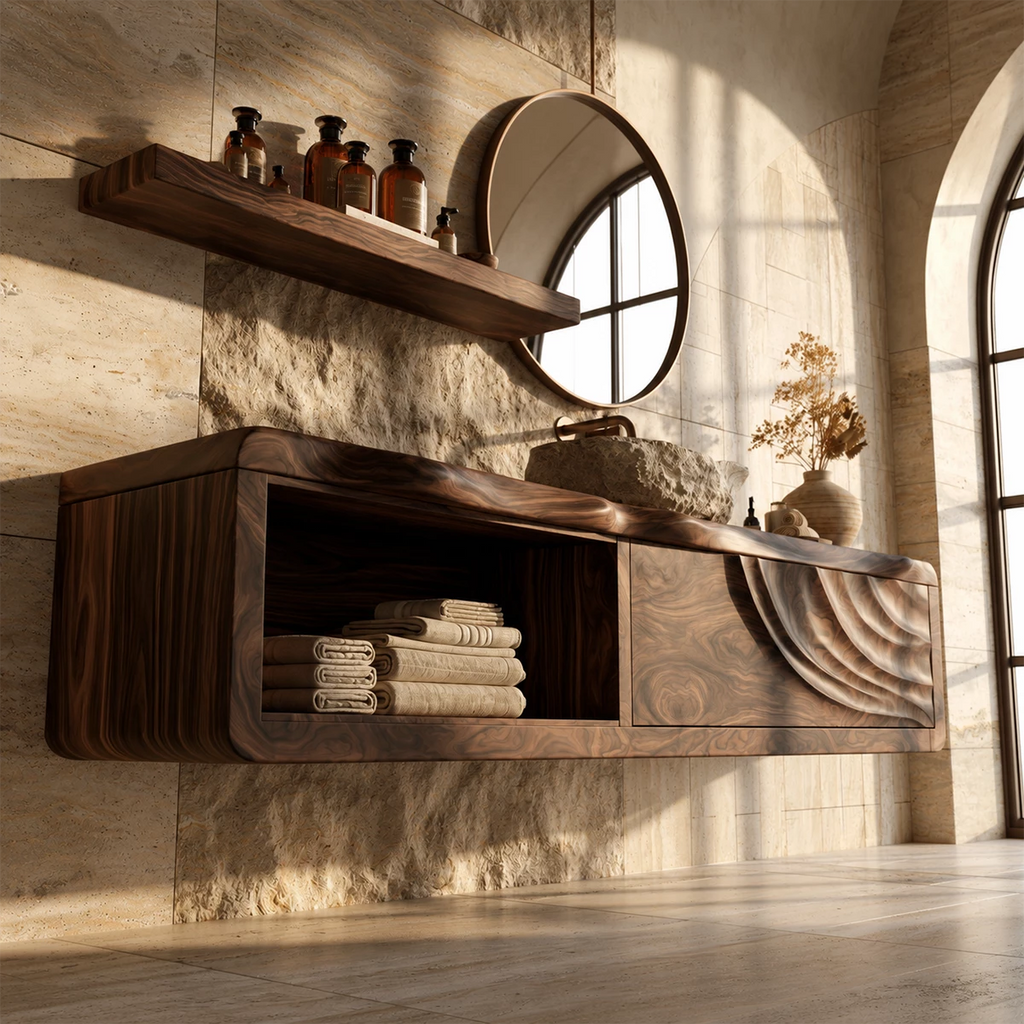 Natural Solid Wood Floating Bathroom Vanity with Shell Carved Storage