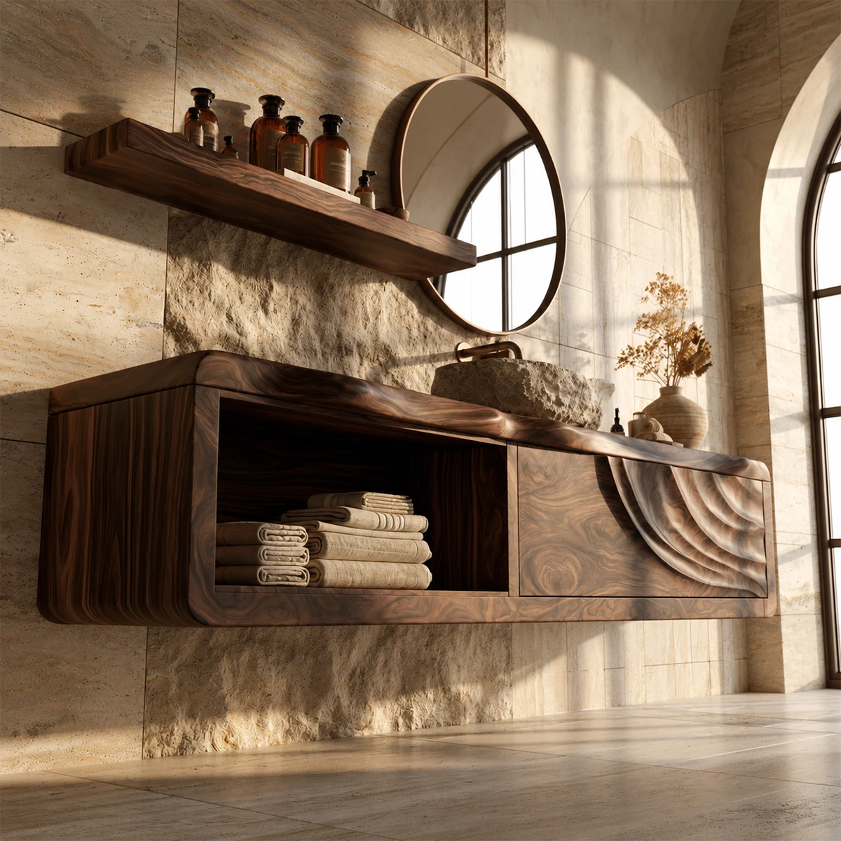 Natural Solid Wood Floating Bathroom Vanity with Shell Carved Storage