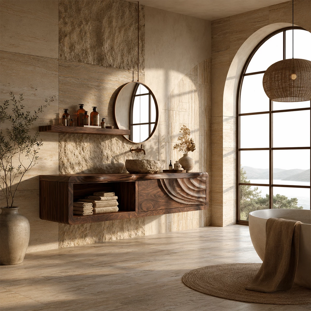 Natural Solid Wood Floating Bathroom Vanity with Shell Carved Storage