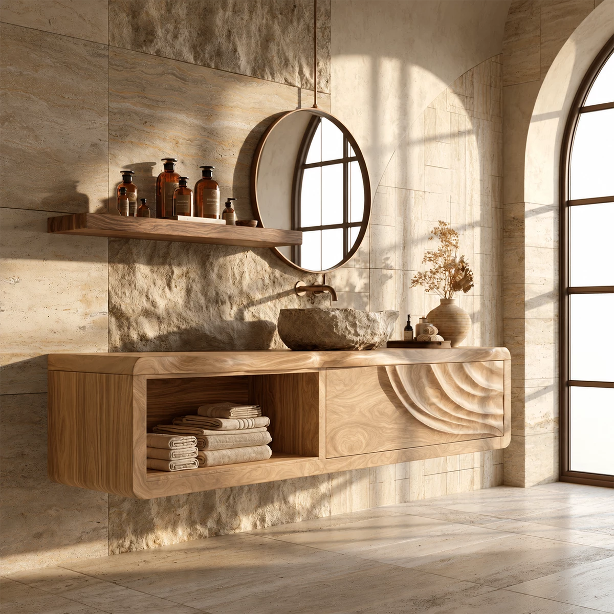 Natural Solid Wood Floating Bathroom Vanity with Shell Carved Storage