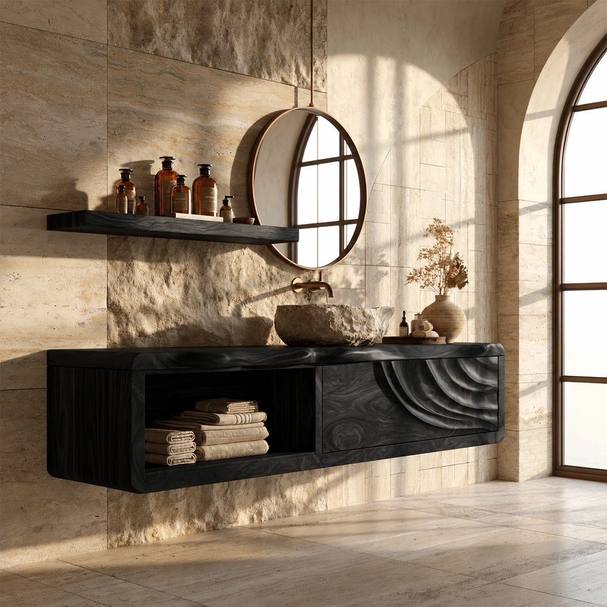 Natural Solid Wood Floating Bathroom Vanity with Shell Carved Storage