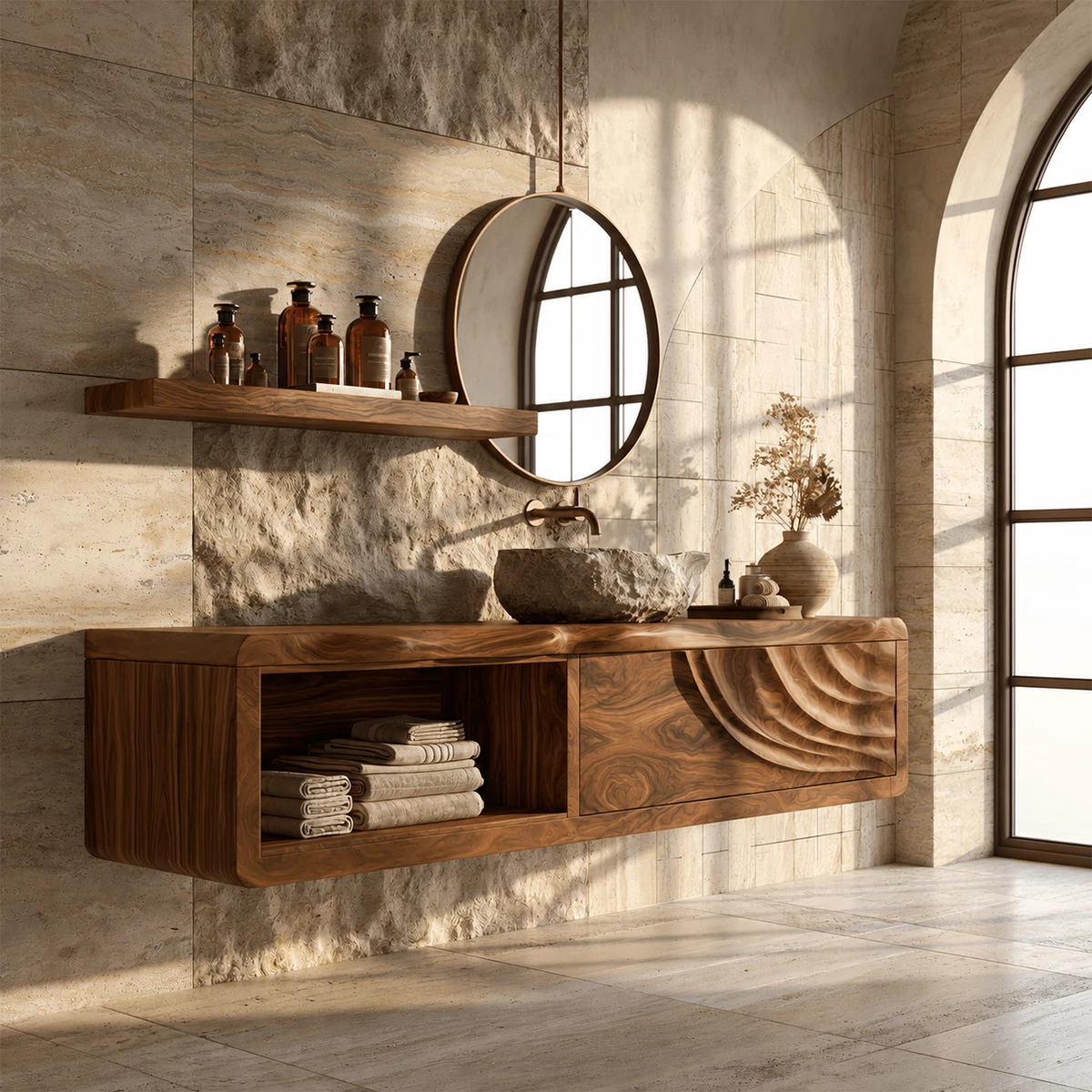 Natural Solid Wood Floating Bathroom Vanity with Shell Carved Storage