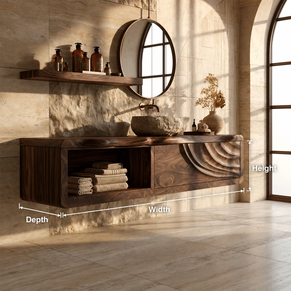 Natural Solid Wood Floating Bathroom Vanity with Shell Carved Storage