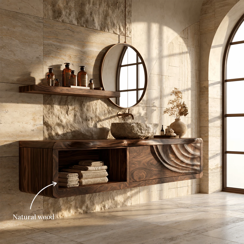 Natural Solid Wood Floating Bathroom Vanity with Shell Carved Storage