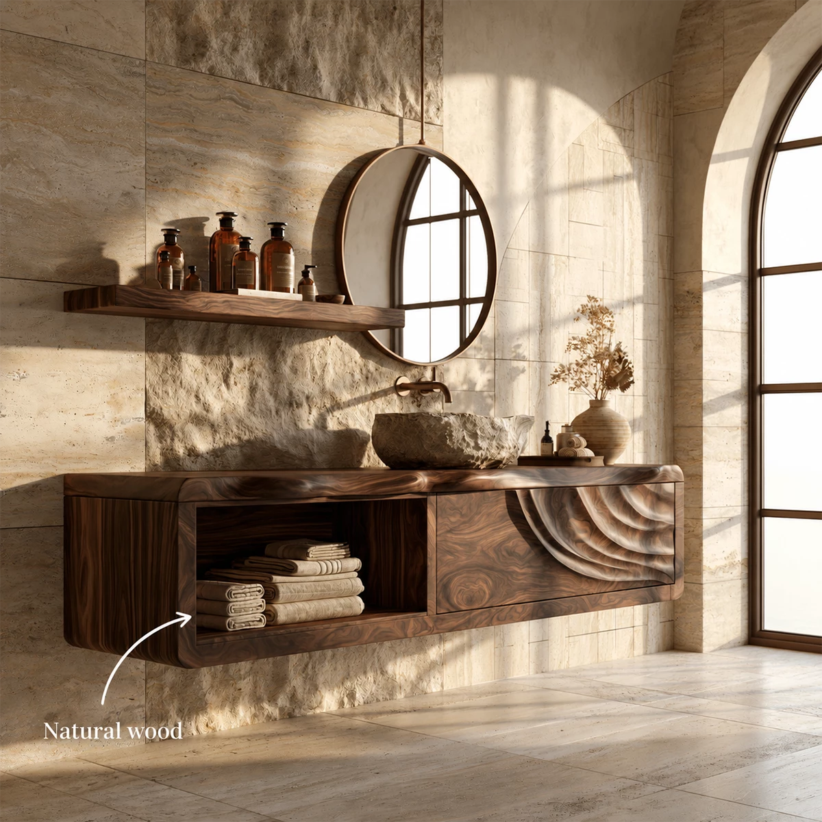Natural Solid Wood Floating Bathroom Vanity with Shell Carved Storage