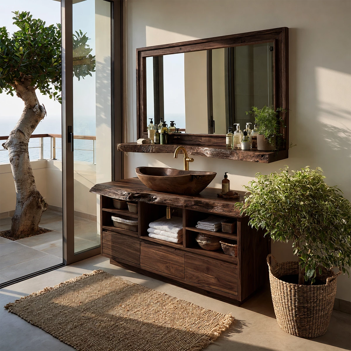 Natural Solid Wood Bathroom Vanity with Three Drawers and Open Shelving