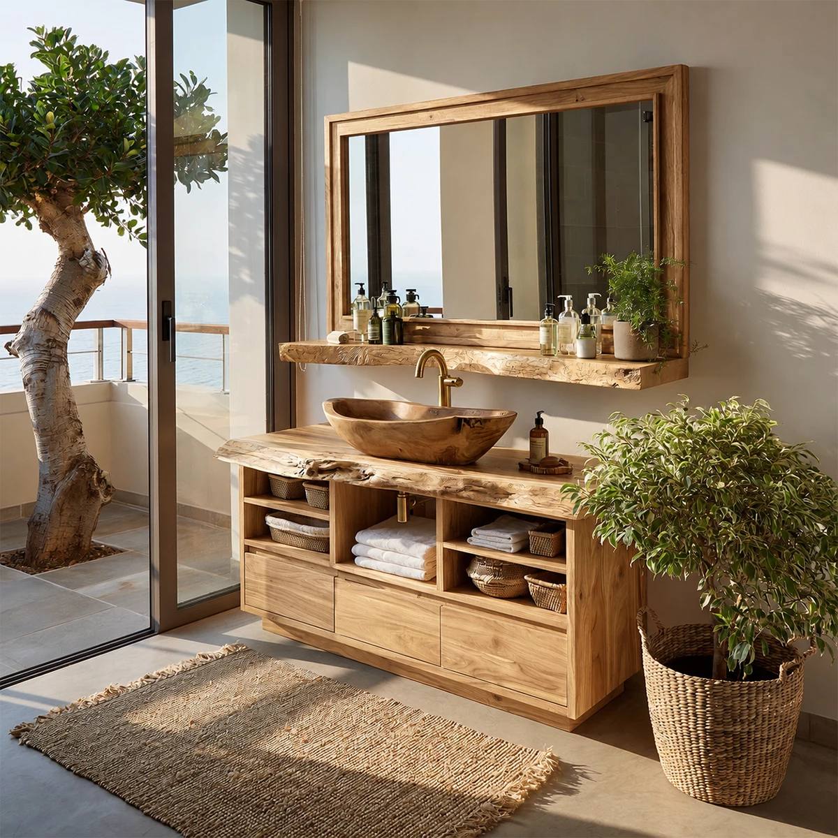 Natural Solid Wood Bathroom Vanity with Three Drawers and Open Shelving