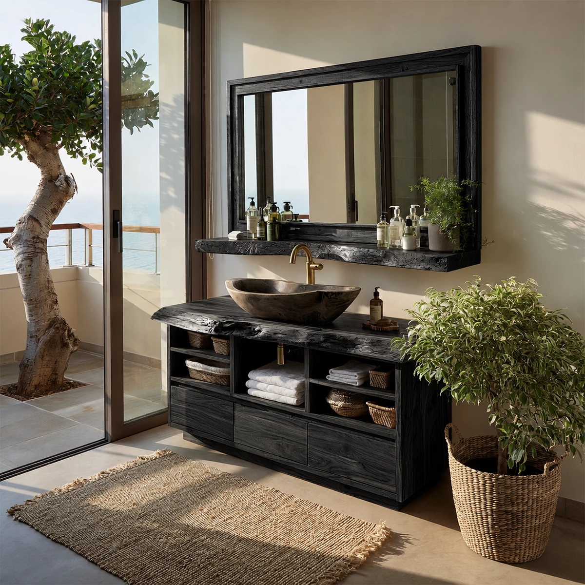 Natural Solid Wood Bathroom Vanity with Three Drawers and Open Shelving