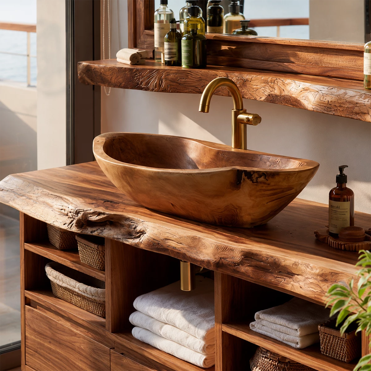 Natural Solid Wood Bathroom Vanity with Three Drawers and Open Shelving