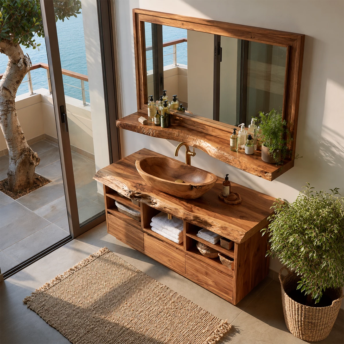 Natural Solid Wood Bathroom Vanity with Three Drawers and Open Shelving