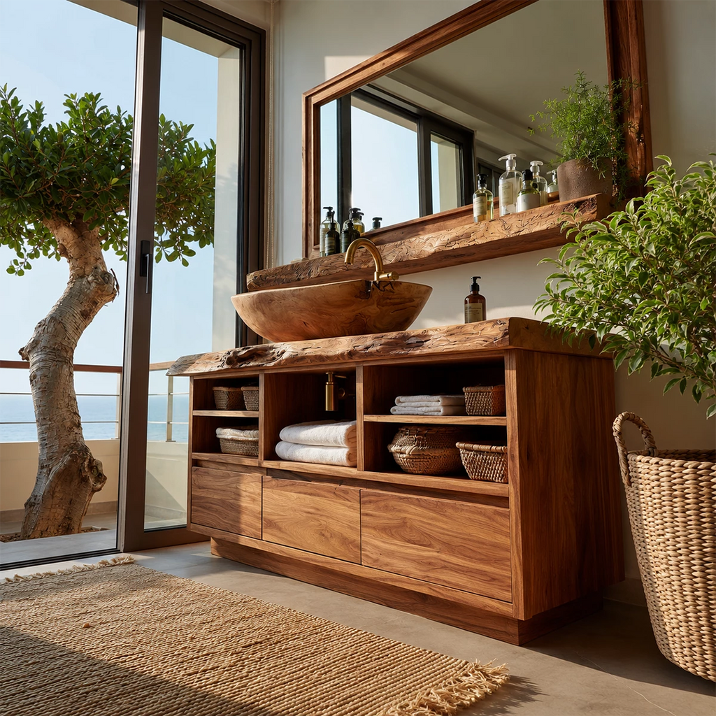 Natural Solid Wood Bathroom Vanity with Three Drawers and Open Shelving