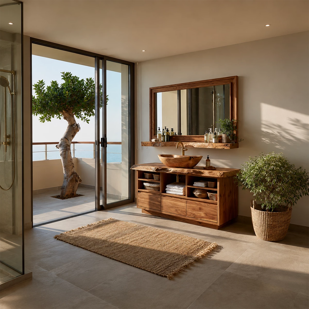Natural Solid Wood Bathroom Vanity with Three Drawers and Open Shelving
