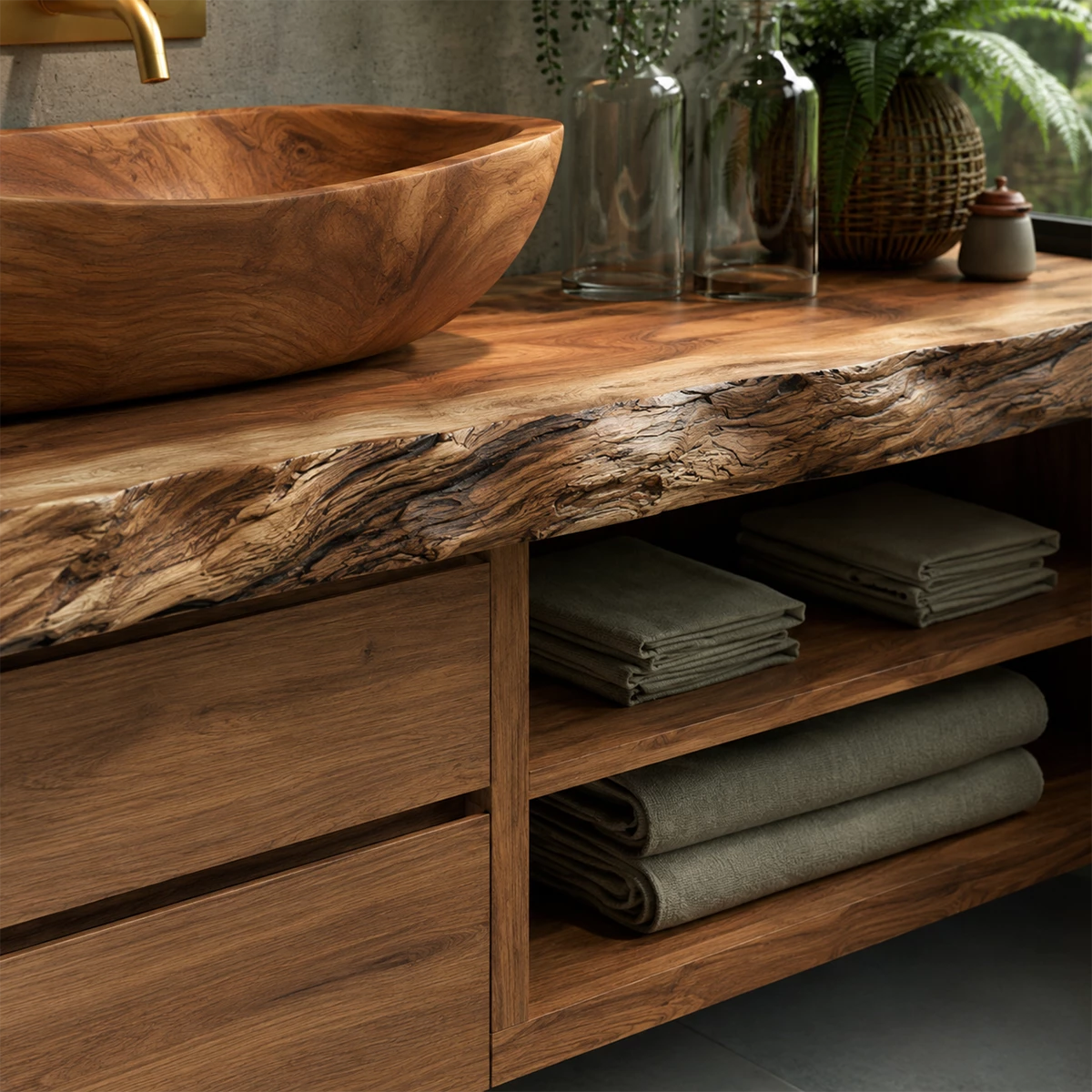 Natural Solid Wood Floating Bathroom Vanity with Four Drawers and Open Shelves