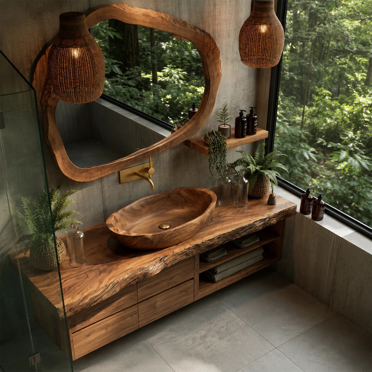 Natural Solid Wood Floating Bathroom Vanity with Four Drawers and Open Shelves