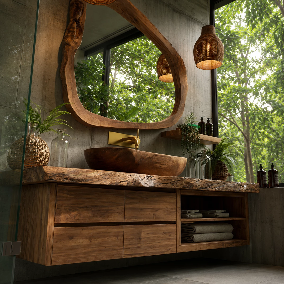 Natural Solid Wood Floating Bathroom Vanity with Four Drawers and Open Shelves