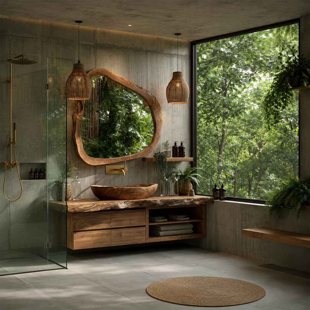 Natural Solid Wood Floating Bathroom Vanity with Four Drawers and Open Shelves