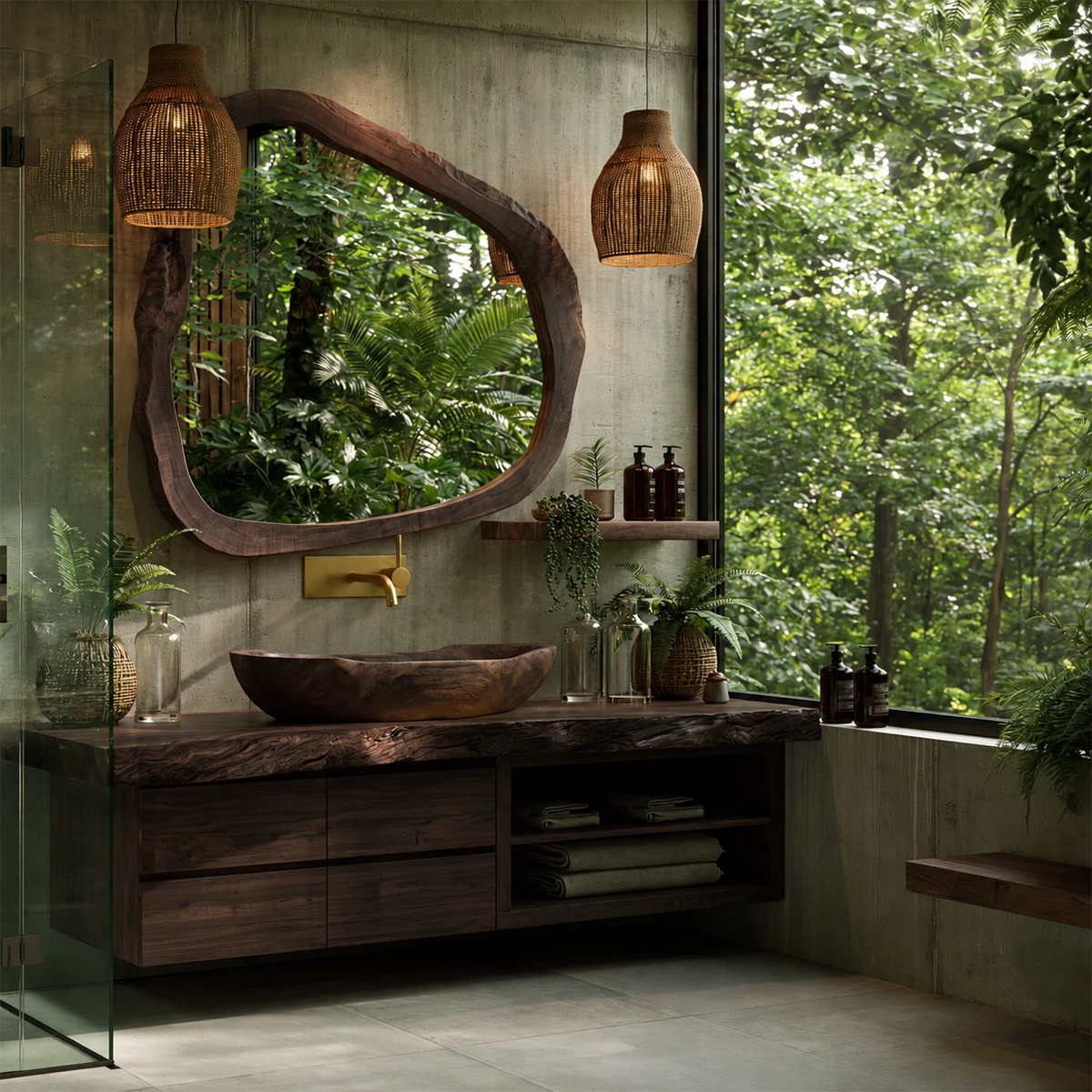 Natural Solid Wood Floating Bathroom Vanity with Four Drawers and Open Shelves