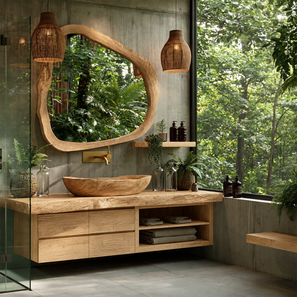 Natural Solid Wood Floating Bathroom Vanity with Four Drawers and Open Shelves