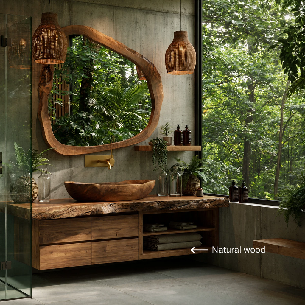 Natural Solid Wood Floating Bathroom Vanity with Four Drawers and Open Shelves