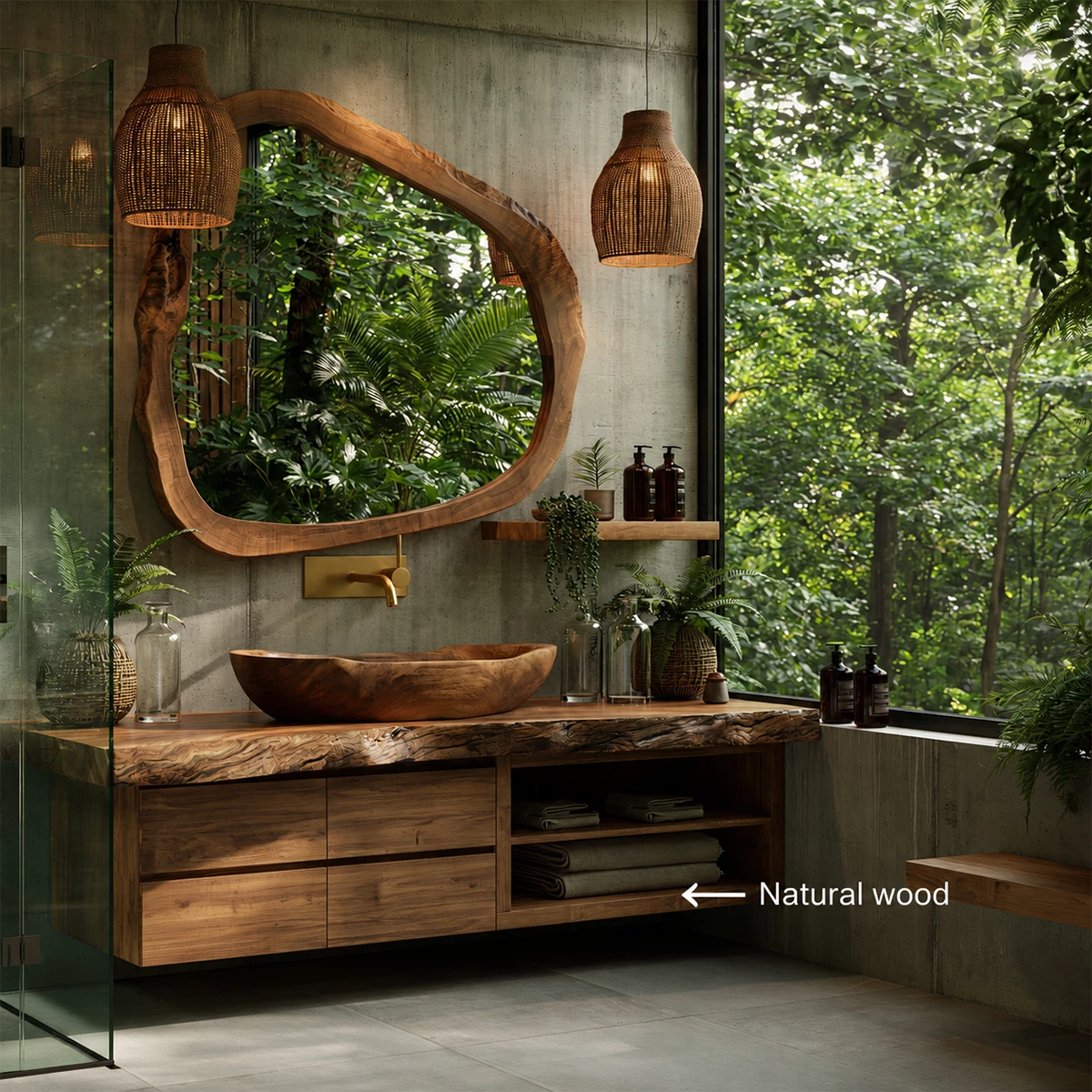 Natural Solid Wood Floating Bathroom Vanity with Four Drawers and Open Shelves
