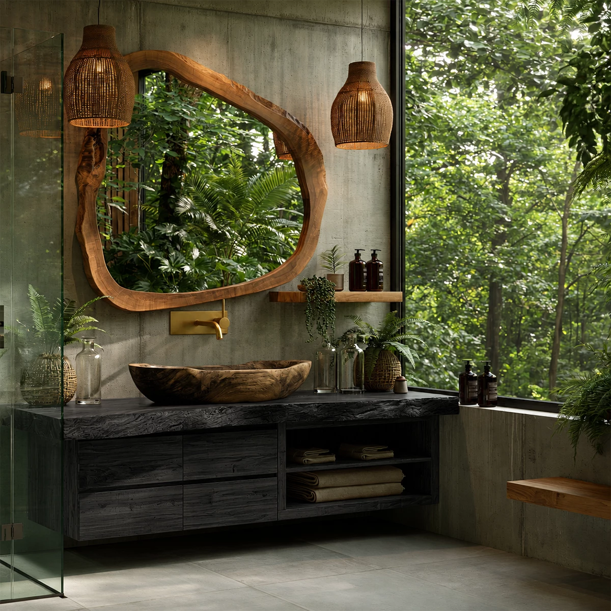 Natural Solid Wood Floating Bathroom Vanity with Four Drawers and Open Shelves