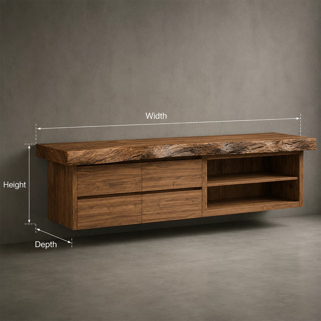 Natural Solid Wood Floating Bathroom Vanity with Four Drawers and Open Shelves