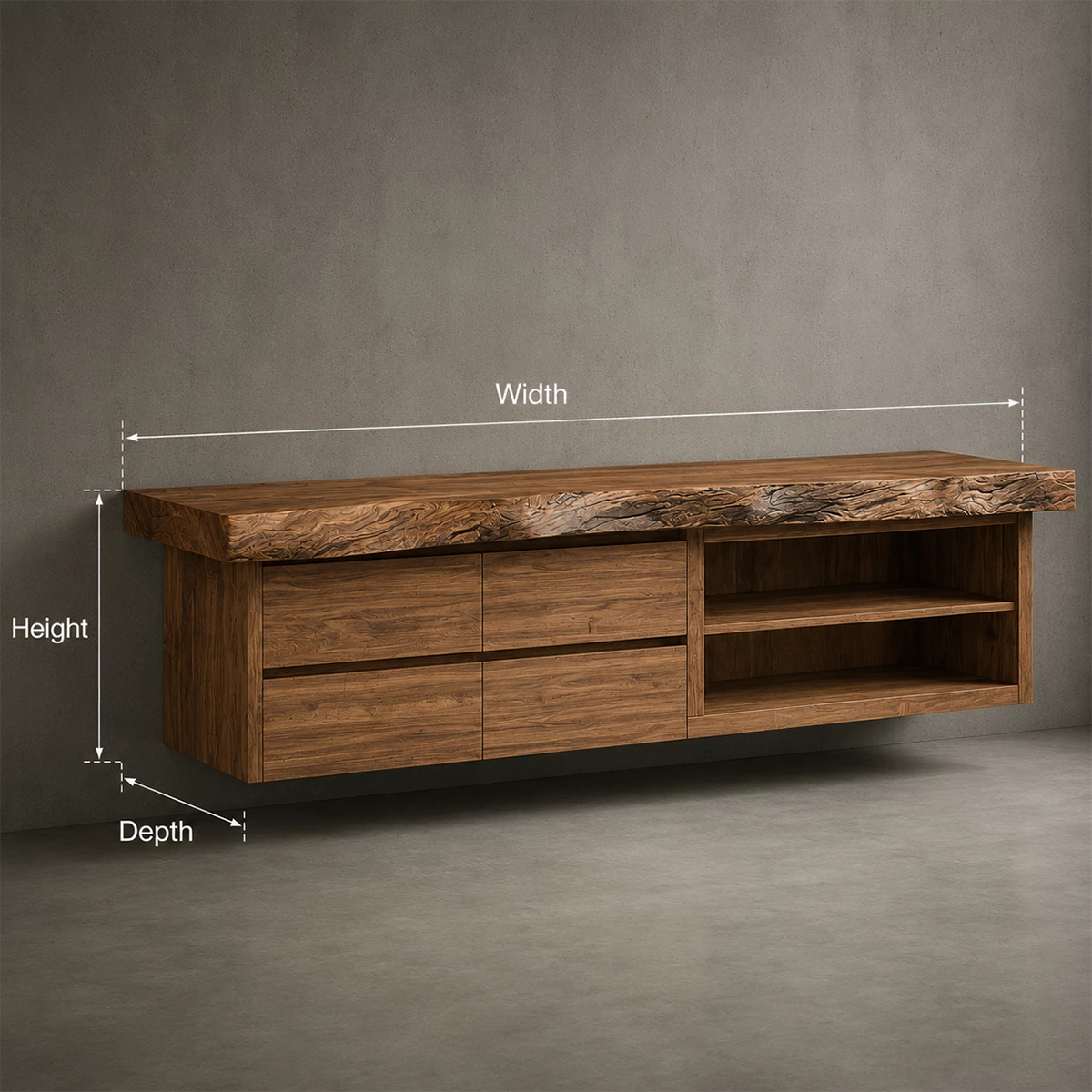 Natural Solid Wood Floating Bathroom Vanity with Four Drawers and Open Shelves