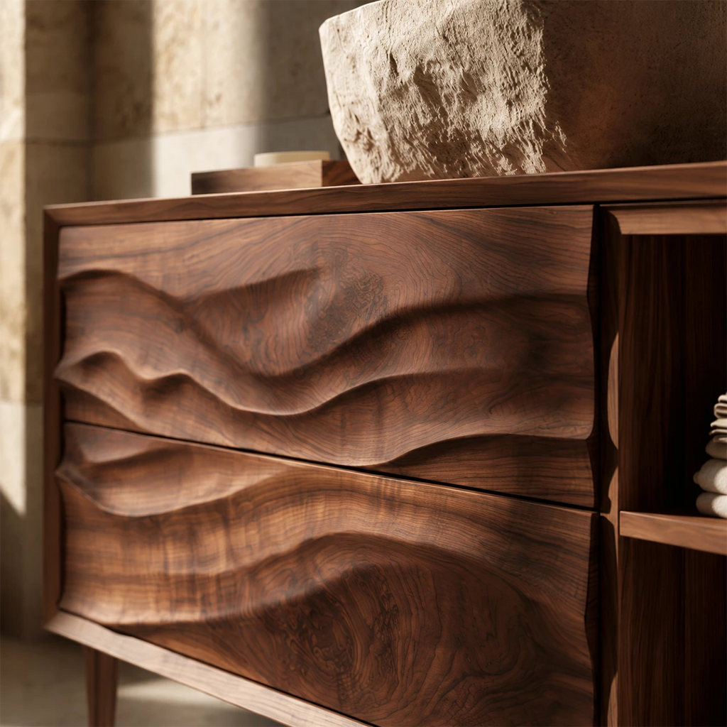 Natural Solid Wood Bathroom Vanity with Two Carved Drawers and Open Shelf