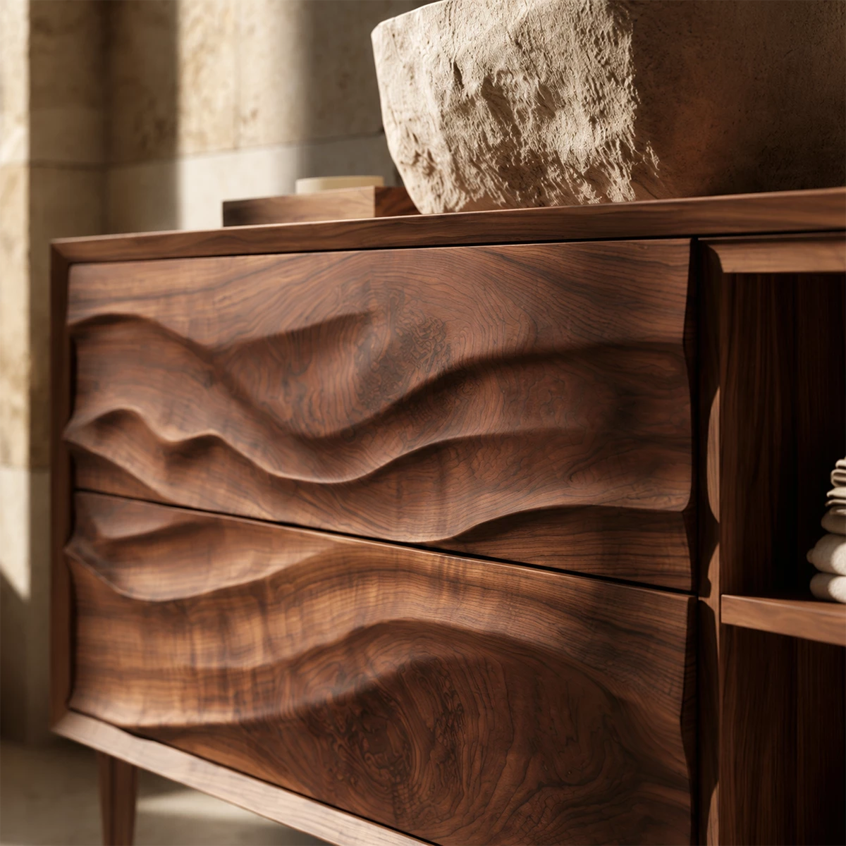 Natural Solid Wood Bathroom Vanity with Two Carved Drawers and Open Shelf