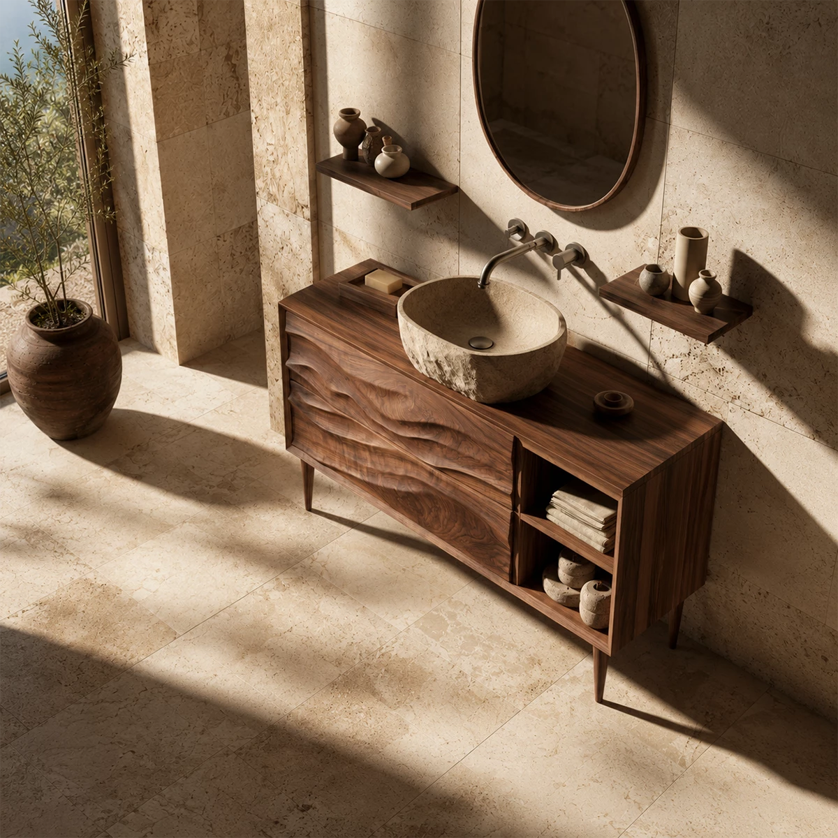 Natural Solid Wood Bathroom Vanity with Two Carved Drawers and Open Shelf