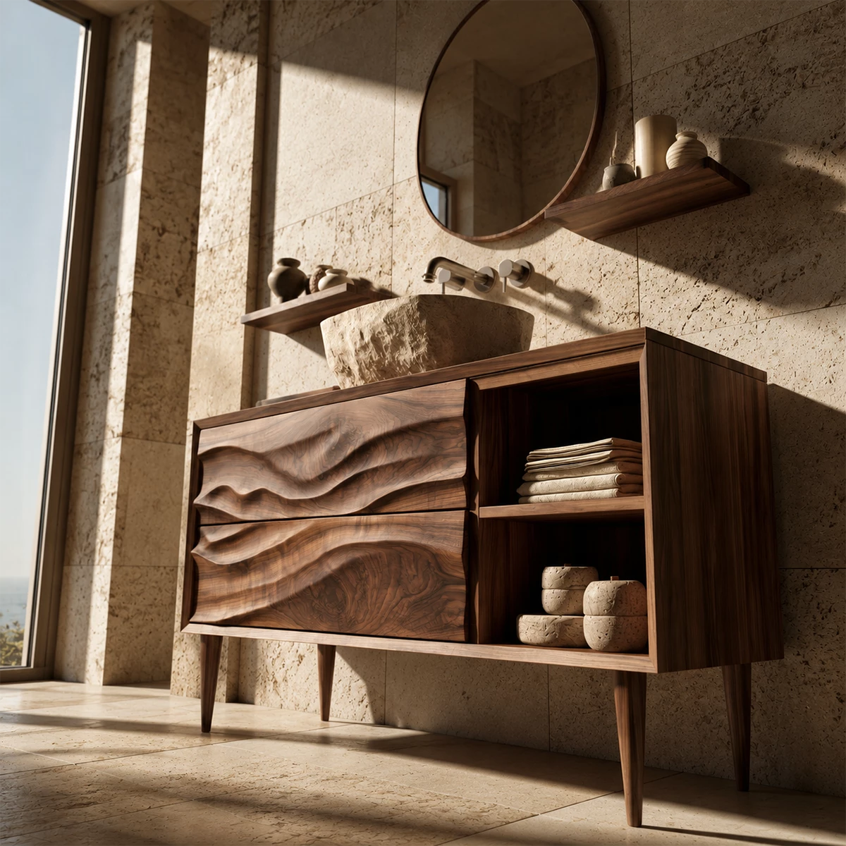 Natural Solid Wood Bathroom Vanity with Two Carved Drawers and Open Shelf