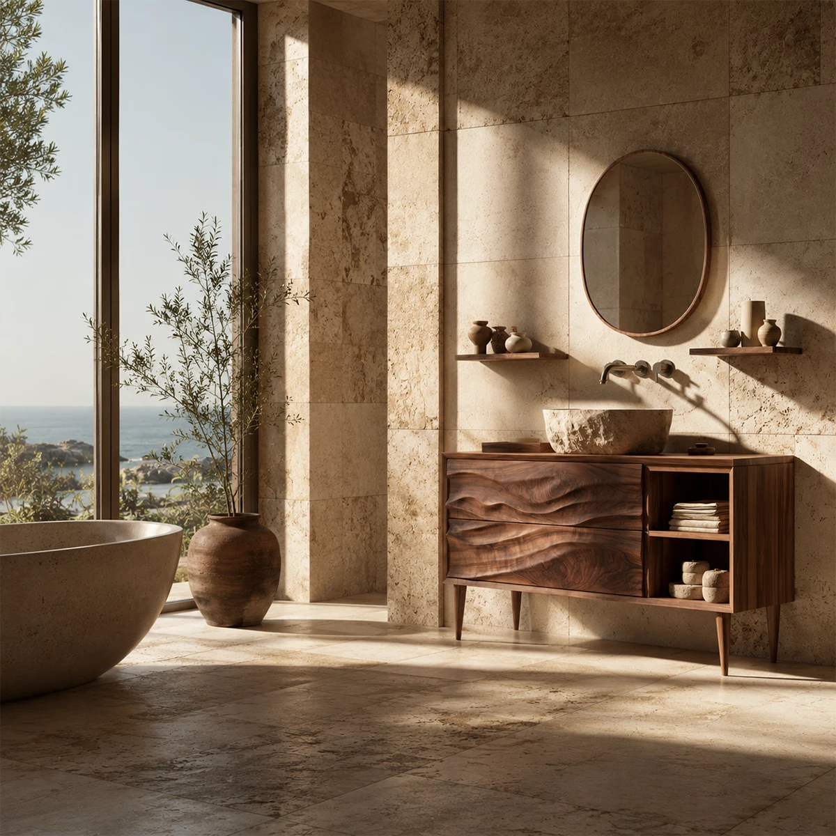 Natural Solid Wood Bathroom Vanity with Two Carved Drawers and Open Shelf