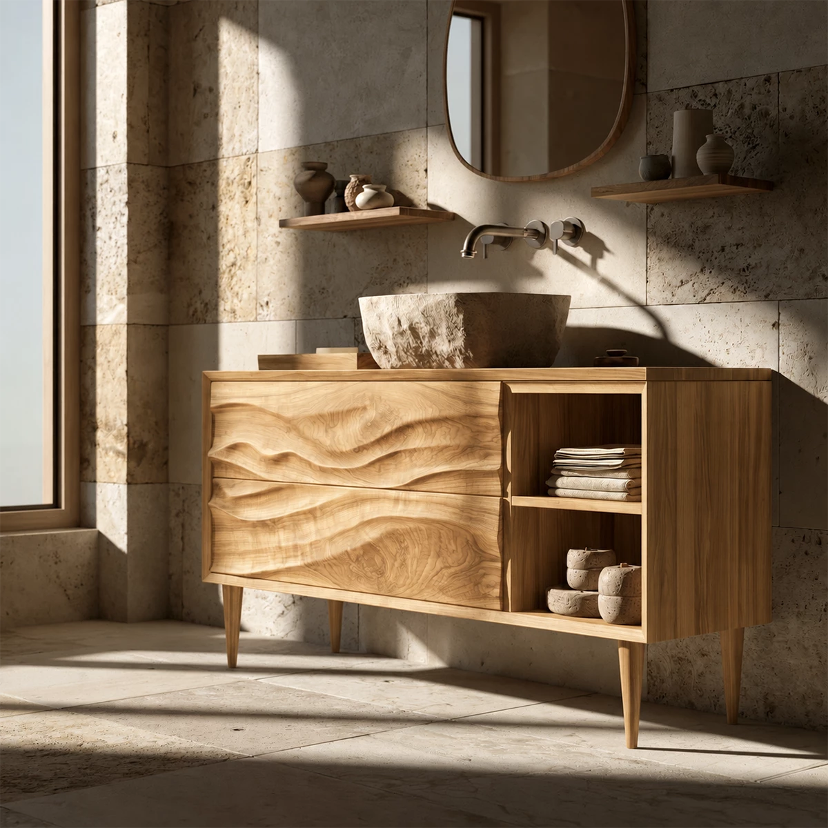 Natural Solid Wood Bathroom Vanity with Two Carved Drawers and Open Shelf