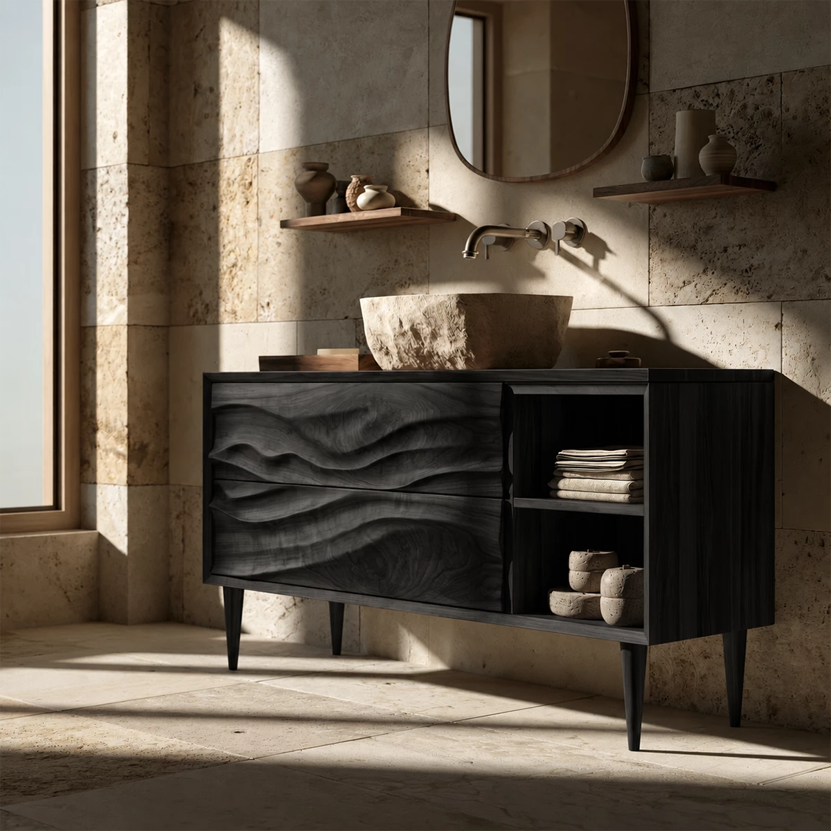 Natural Solid Wood Bathroom Vanity with Two Carved Drawers and Open Shelf