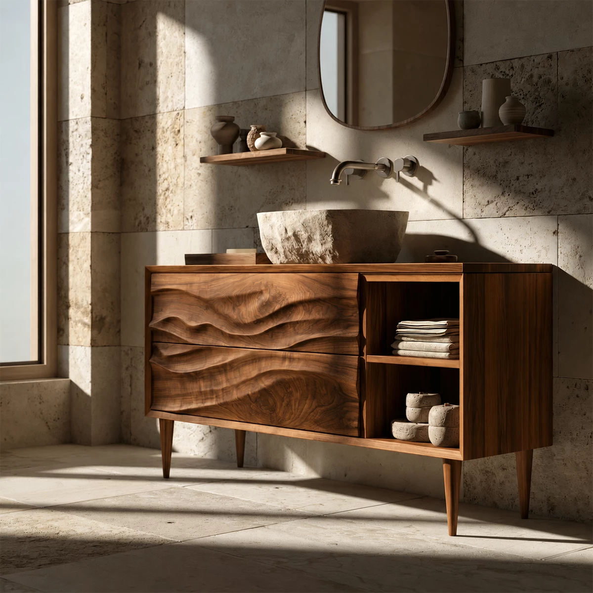 Natural Solid Wood Bathroom Vanity with Two Carved Drawers and Open Shelf
