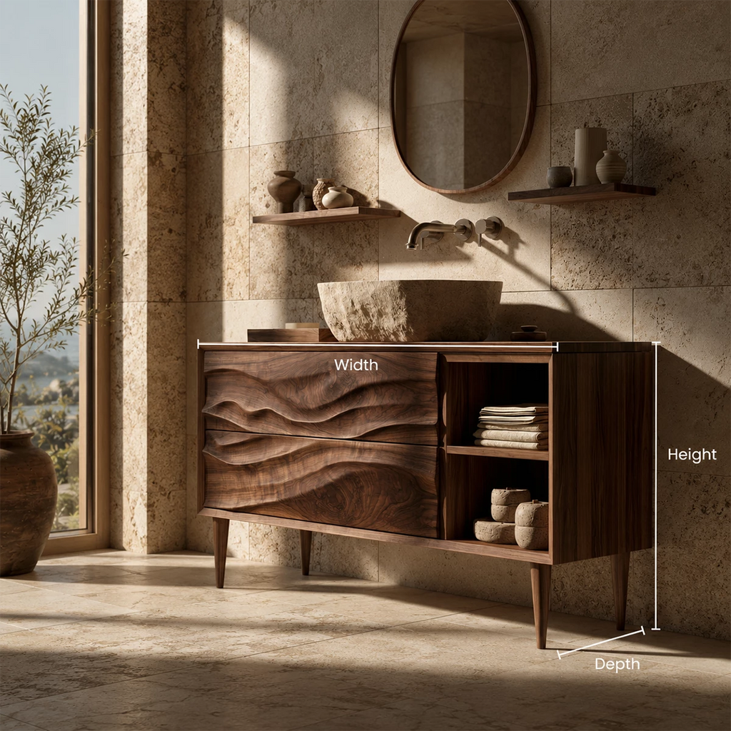 Natural Solid Wood Bathroom Vanity with Two Carved Drawers and Open Shelf