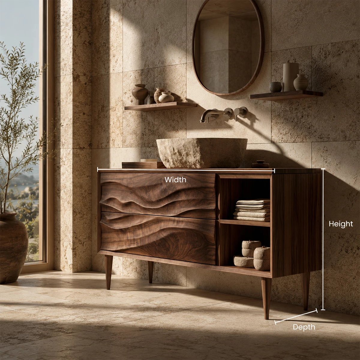 Natural Solid Wood Bathroom Vanity with Two Carved Drawers and Open Shelf