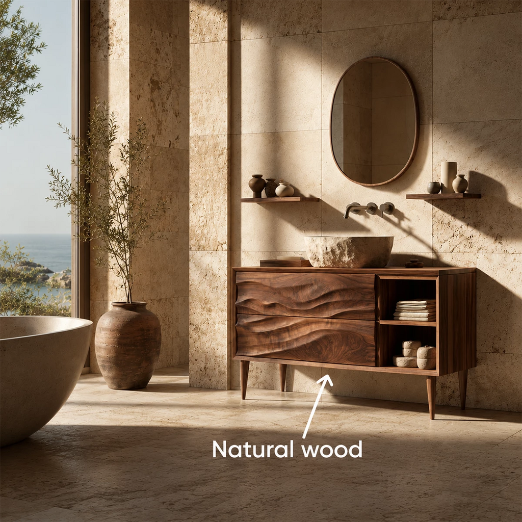 Natural Solid Wood Bathroom Vanity with Two Carved Drawers and Open Shelf