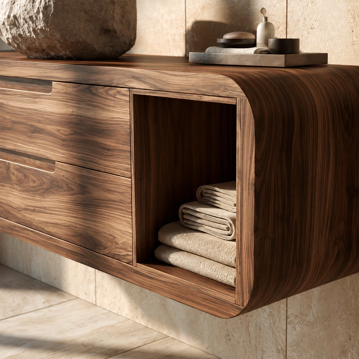 Natural Solid Wood Floating Bathroom Vanity with Two Drawers and Side Shelves