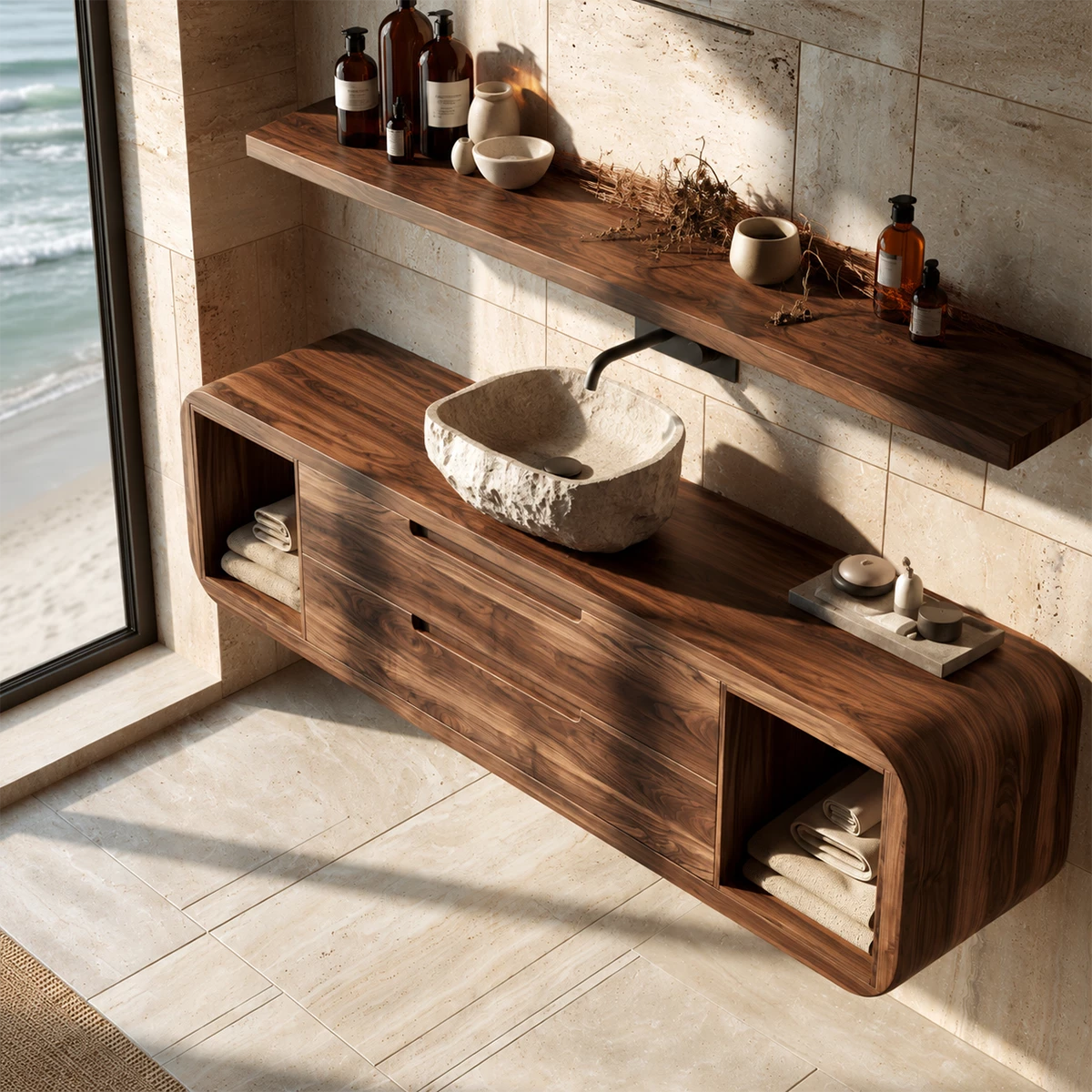 Natural Solid Wood Floating Bathroom Vanity with Two Drawers and Side Shelves