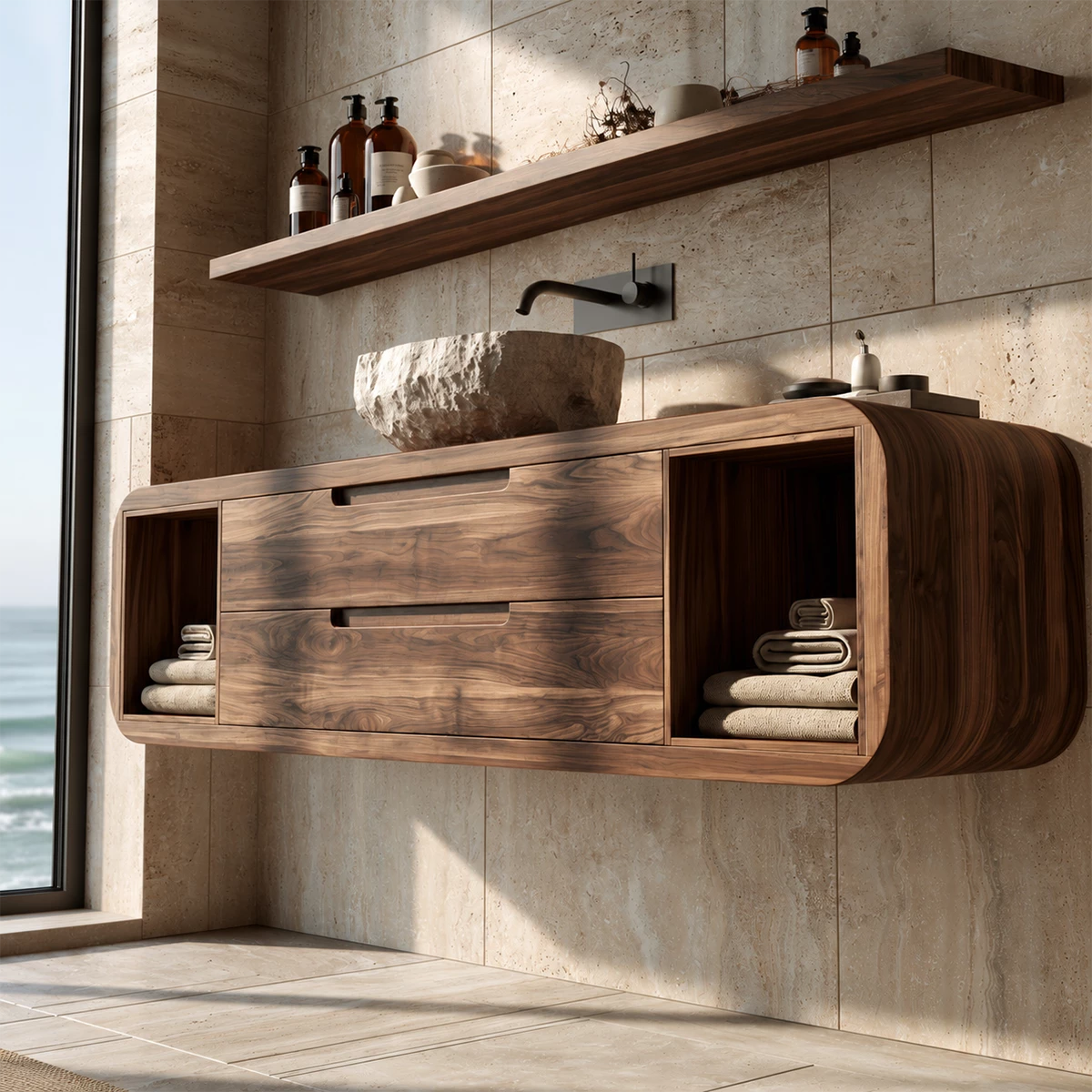 Natural Solid Wood Floating Bathroom Vanity with Two Drawers and Side Shelves