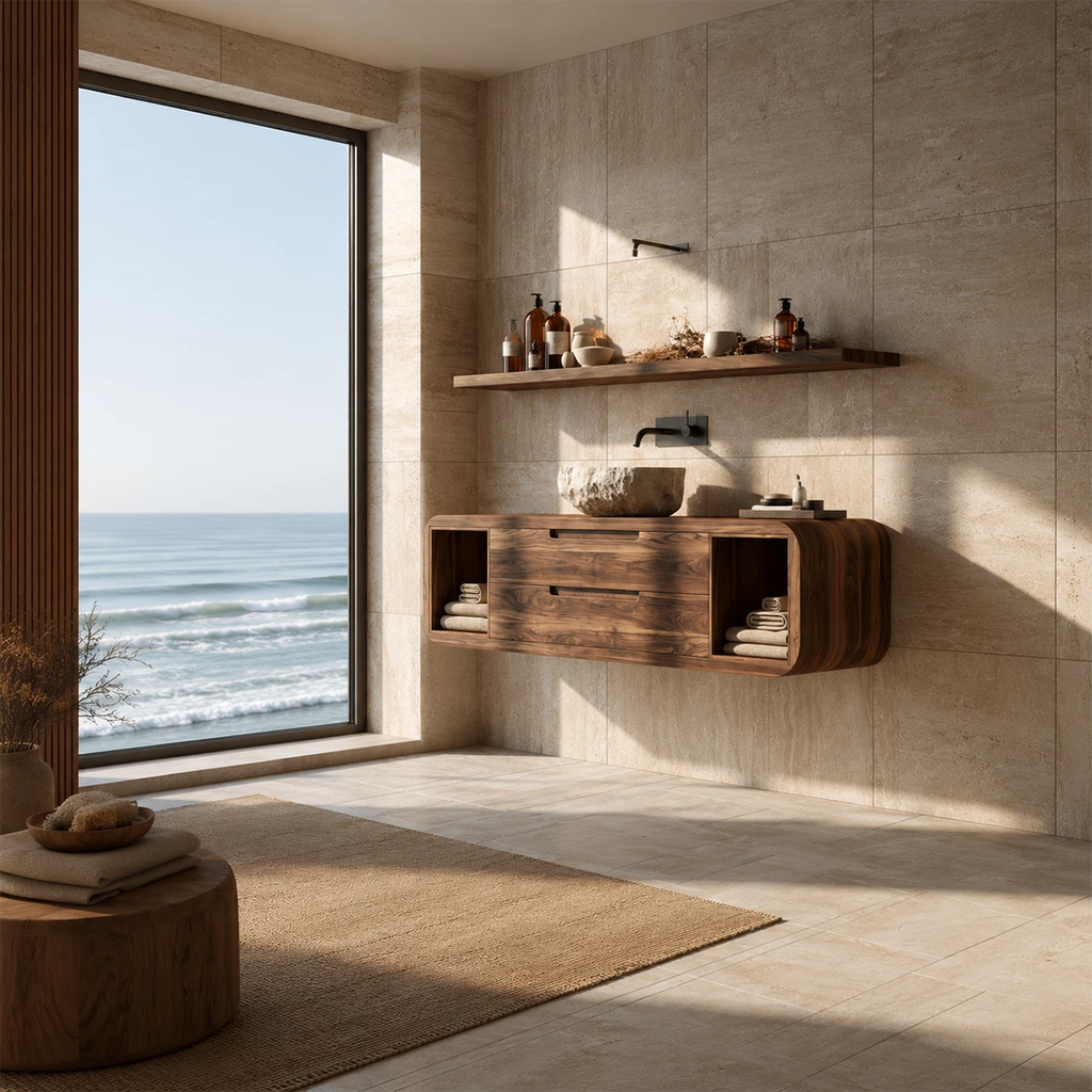 Natural Solid Wood Floating Bathroom Vanity with Two Drawers and Side Shelves