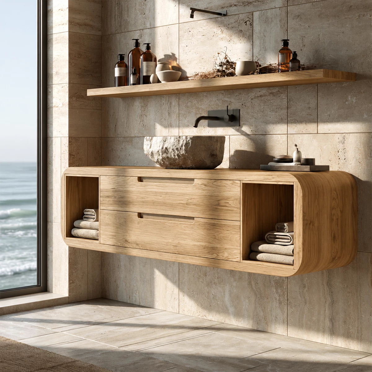 Natural Solid Wood Floating Bathroom Vanity with Two Drawers and Side Shelves
