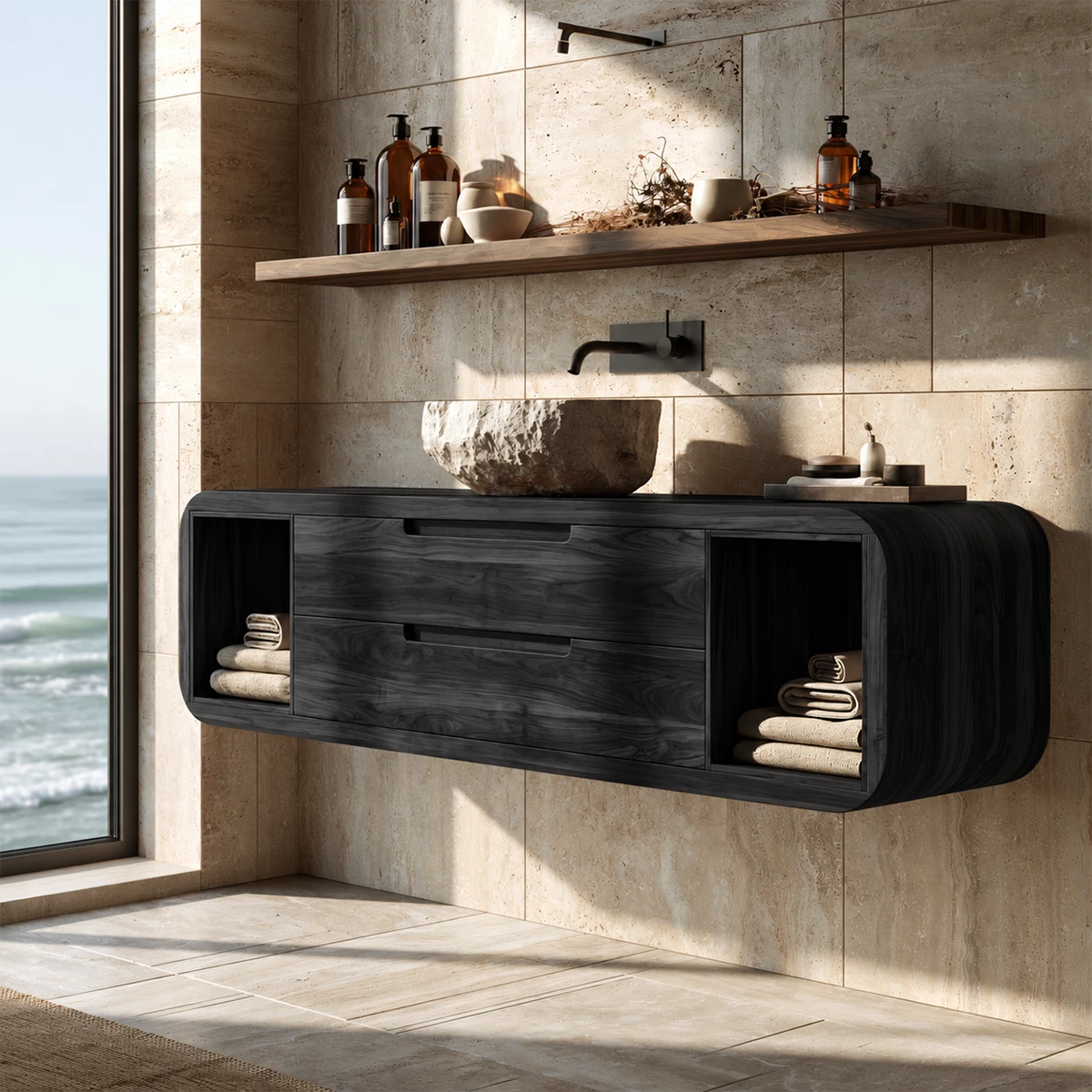 Natural Solid Wood Floating Bathroom Vanity with Two Drawers and Side Shelves
