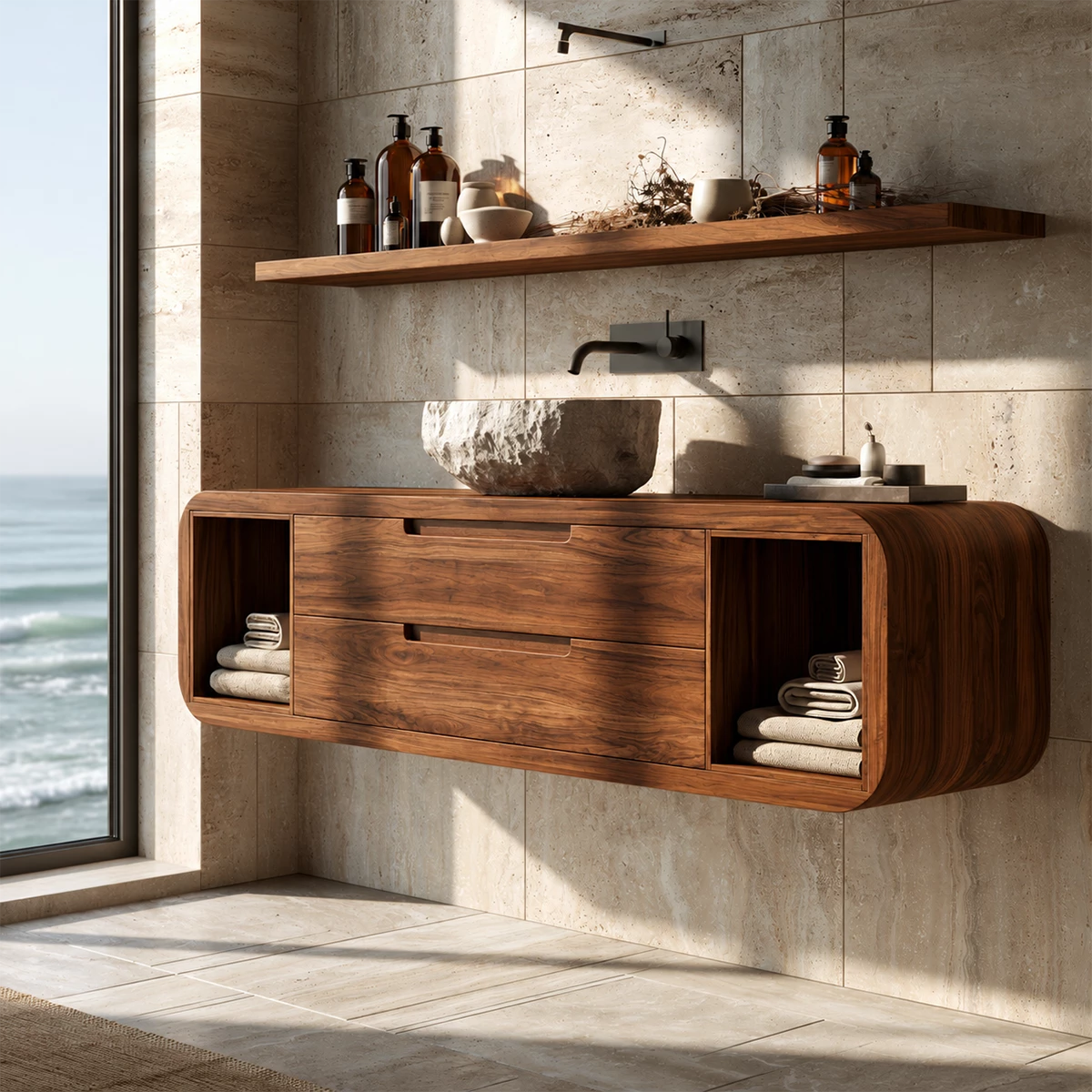 Natural Solid Wood Floating Bathroom Vanity with Two Drawers and Side Shelves