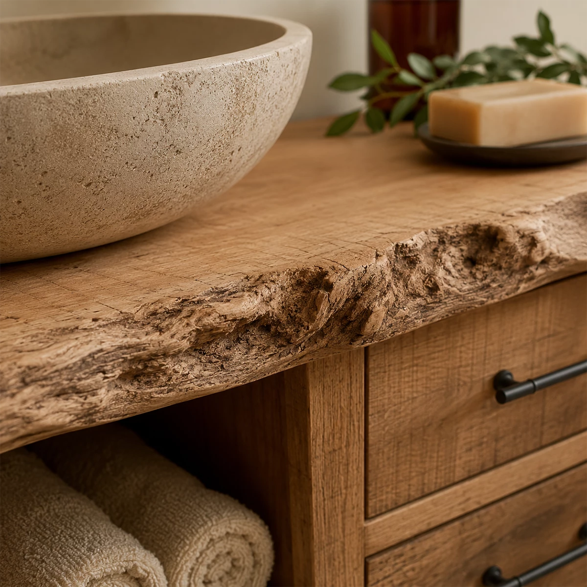 Natural Solid Wood Bathroom Vanity with Six Drawers and Open Center Shelf